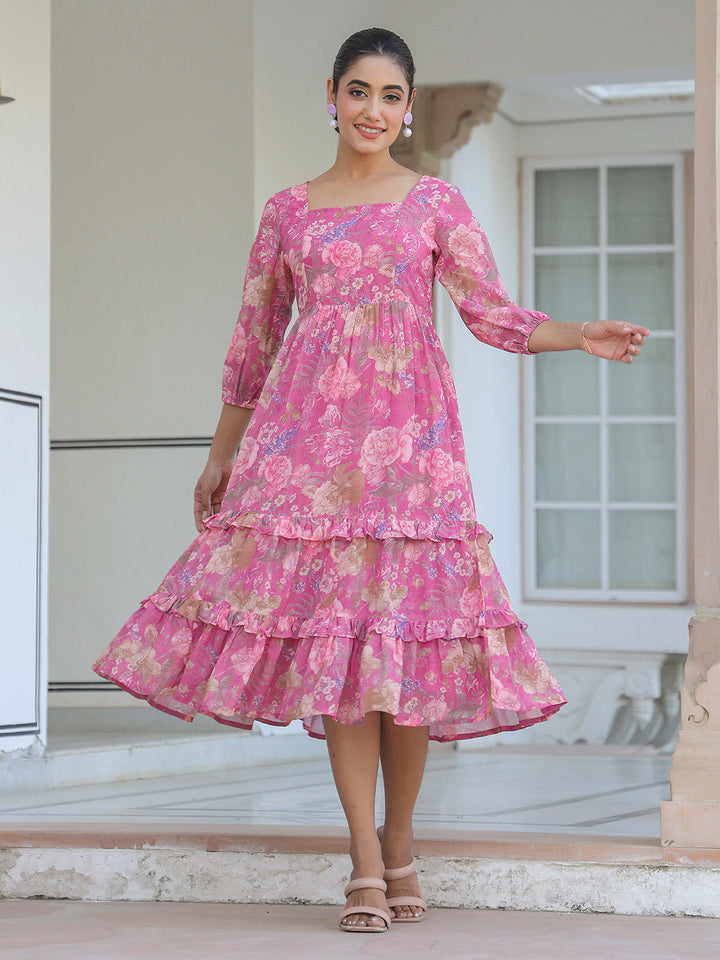 Pink Georgette Floral Printed Tiered Dress - qivii
