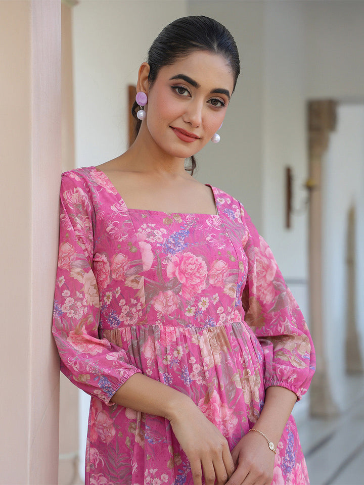 Pink Georgette Floral Printed Tiered Dress - qivii