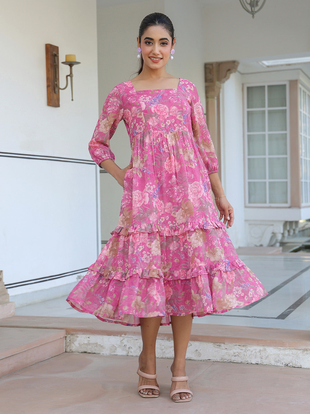 Pink Georgette Floral Printed Tiered Dress - qivii