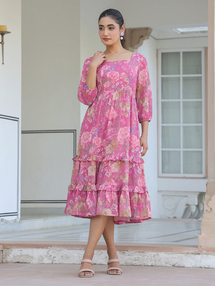 Pink Georgette Floral Printed Tiered Dress - qivii