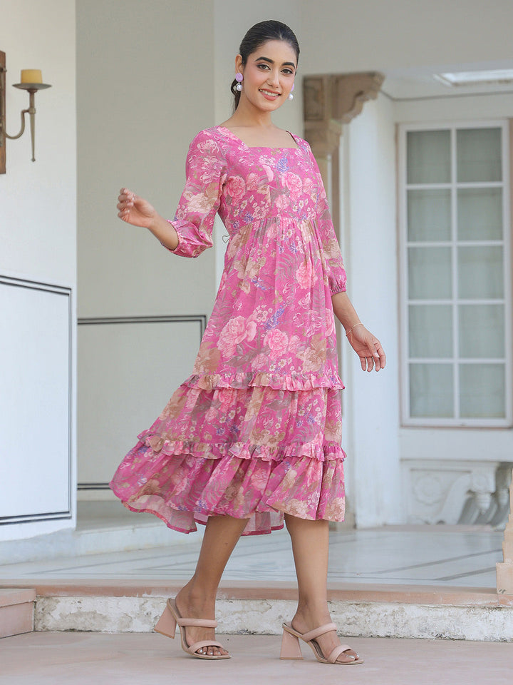 Pink Georgette Floral Printed Tiered Dress - qivii