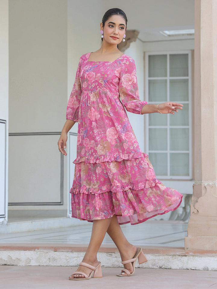 Pink Georgette Floral Printed Tiered Dress - qivii