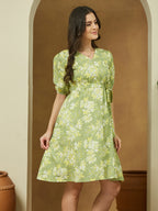 Janasya Women's Light Green Pure Cotton Floral Printed A-line Dress