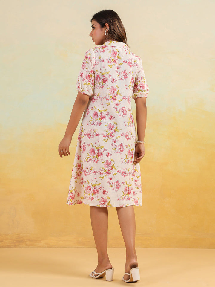 Janasya Women's Off White Linen Cotton Floral Printed A-line Button Down Shirt Dress - qivii