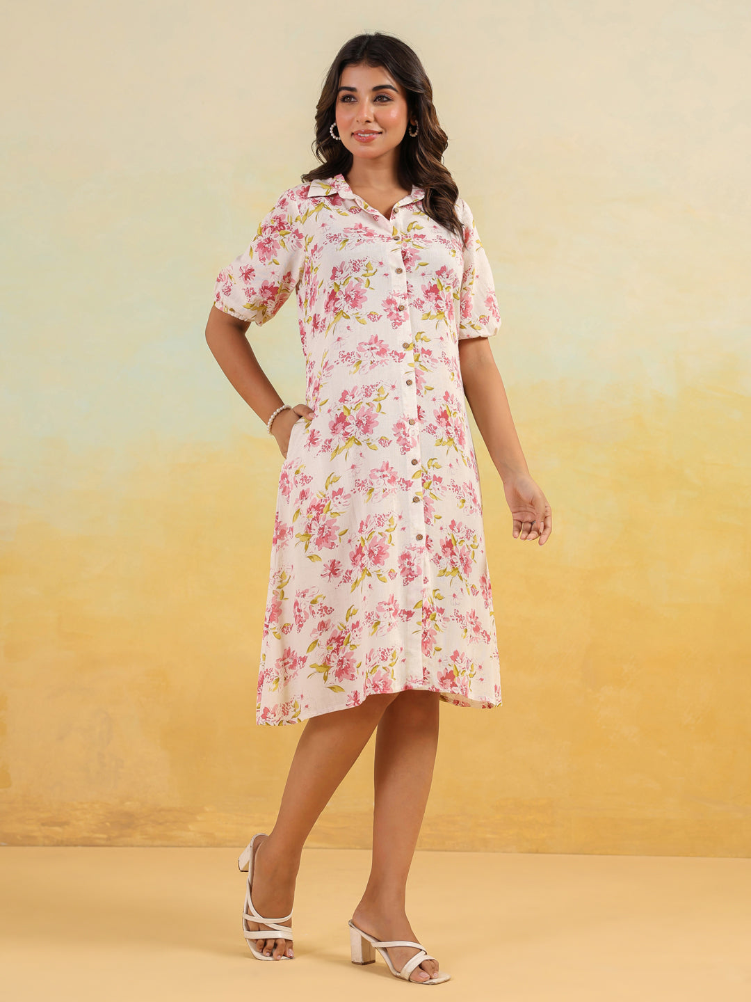 Janasya Women's Off White Linen Cotton Floral Printed A-line Button Down Shirt Dress