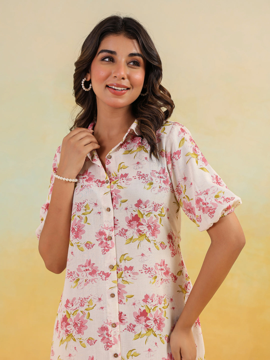 Janasya Women's Off White Linen Cotton Floral Printed A-line Button Down Shirt Dress - qivii