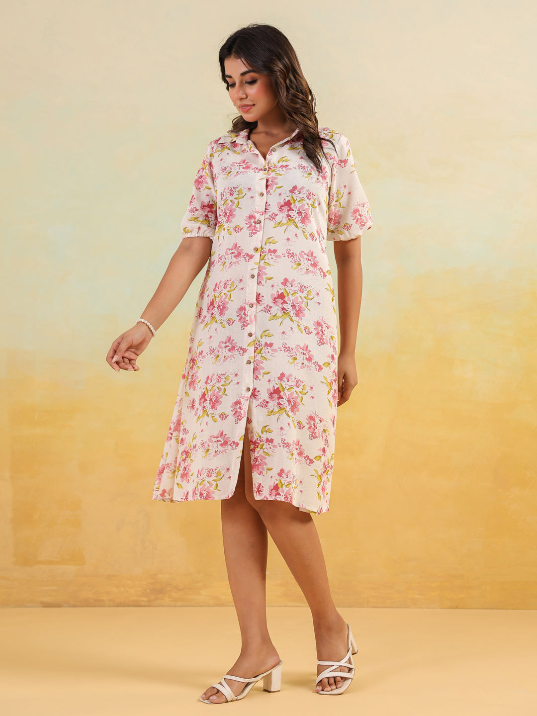 Janasya Women's Off White Linen Cotton Floral Printed A-line Button Down Shirt Dress