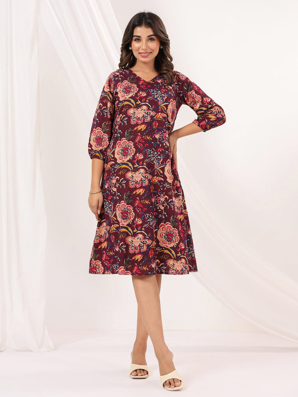 Janasya Women's Wine Pure Cotton Floral Peinted A-line Dress