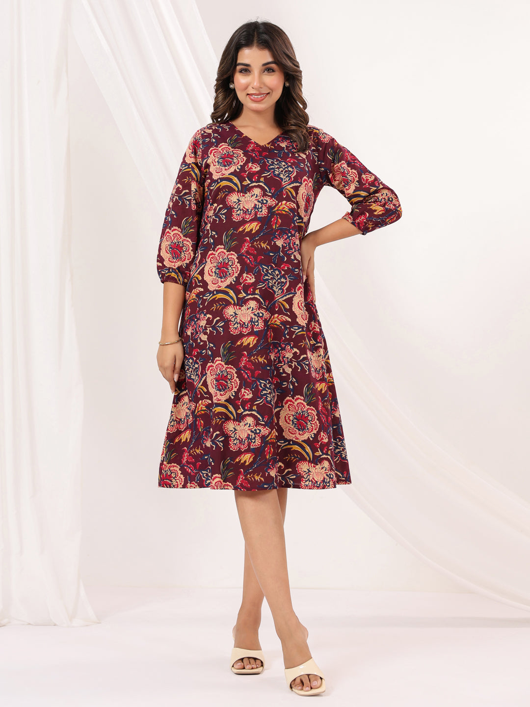 Janasya Women's Wine Pure Cotton Floral Peinted A-line Dress