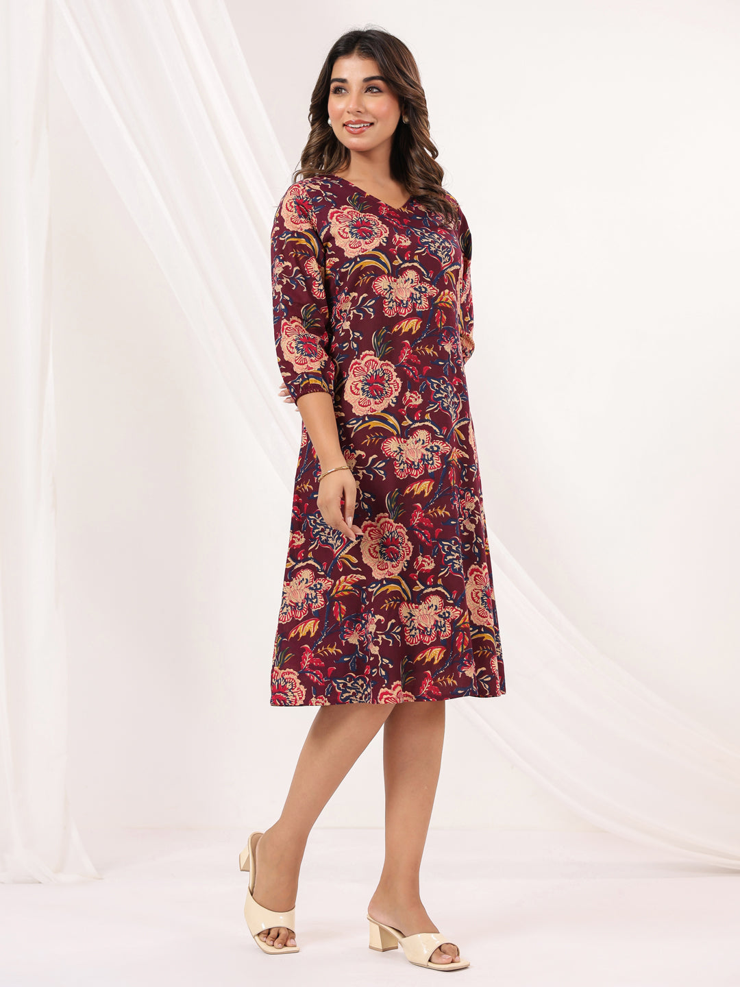 Janasya Women's Wine Pure Cotton Floral Peinted A-line Dress - qivii