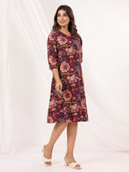 Janasya Women's Wine Pure Cotton Floral Peinted A-line Dress
