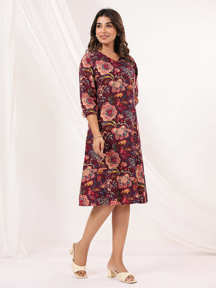 Janasya Women's Wine Pure Cotton Floral Peinted A-line Dress - qivii