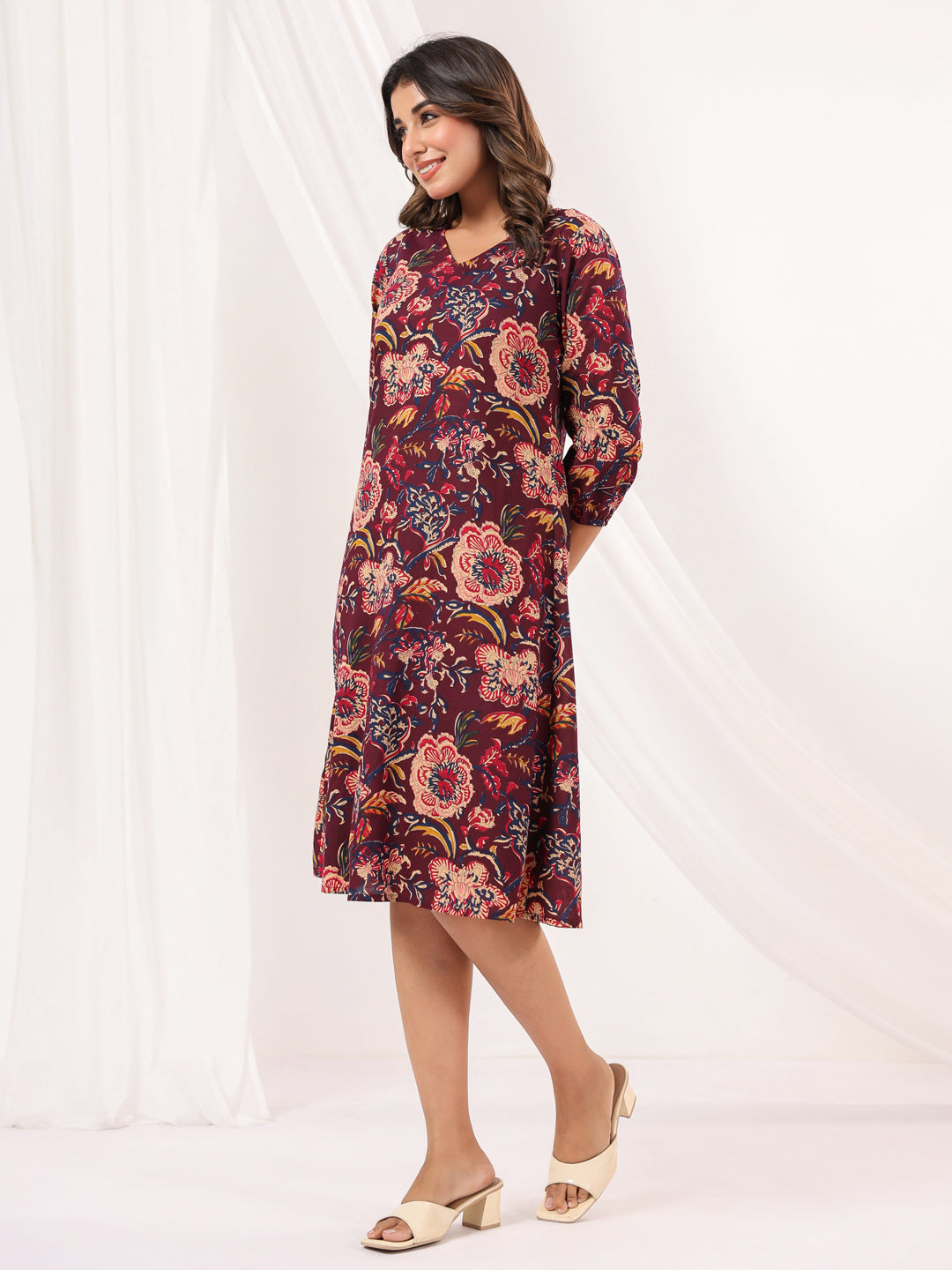 Janasya Women's Wine Pure Cotton Floral Peinted A-line Dress
