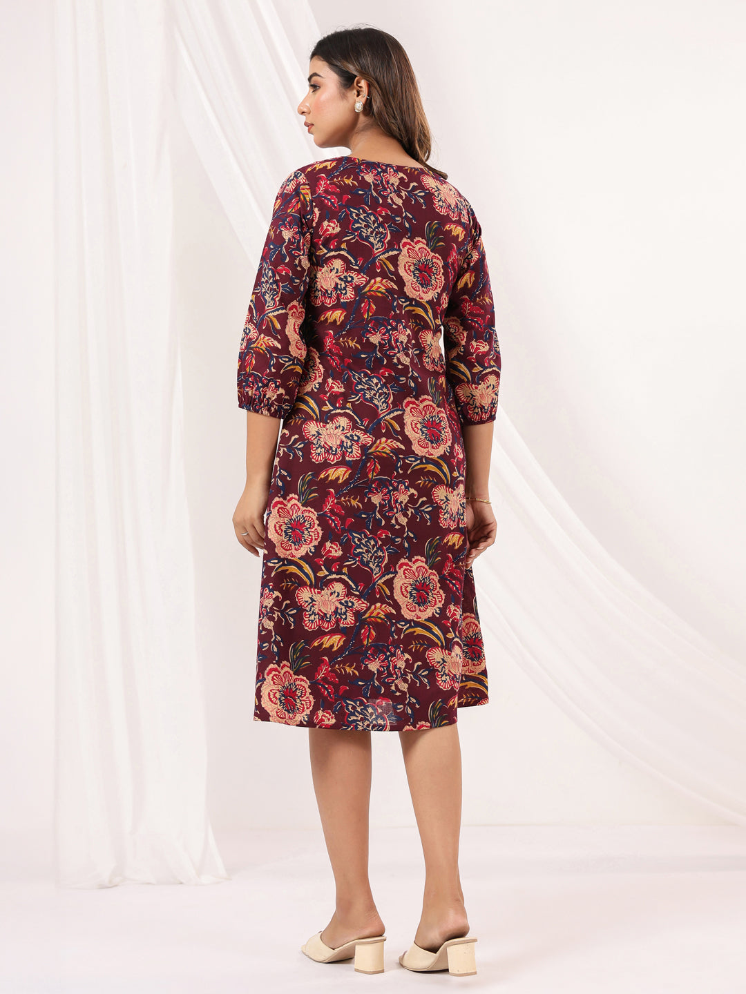 Janasya Women's Wine Pure Cotton Floral Peinted A-line Dress - qivii