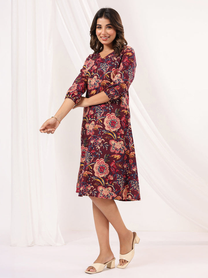 Janasya Women's Wine Pure Cotton Floral Peinted A-line Dress - qivii