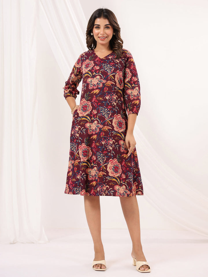 Janasya Women's Wine Pure Cotton Floral Peinted A-line Dress - qivii
