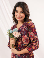 Janasya Women's Wine Pure Cotton Floral Peinted A-line Dress