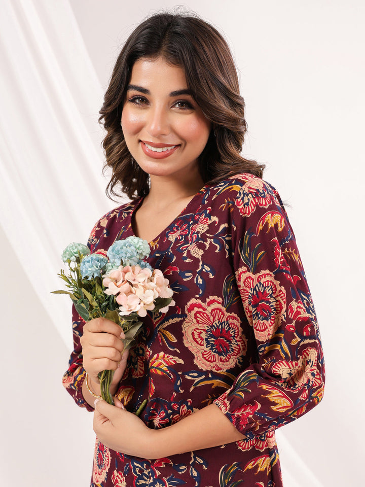 Janasya Women's Wine Pure Cotton Floral Peinted A-line Dress - qivii