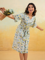 Janasya Women's Off White Linen Cotton Floral Printed A-line Dress