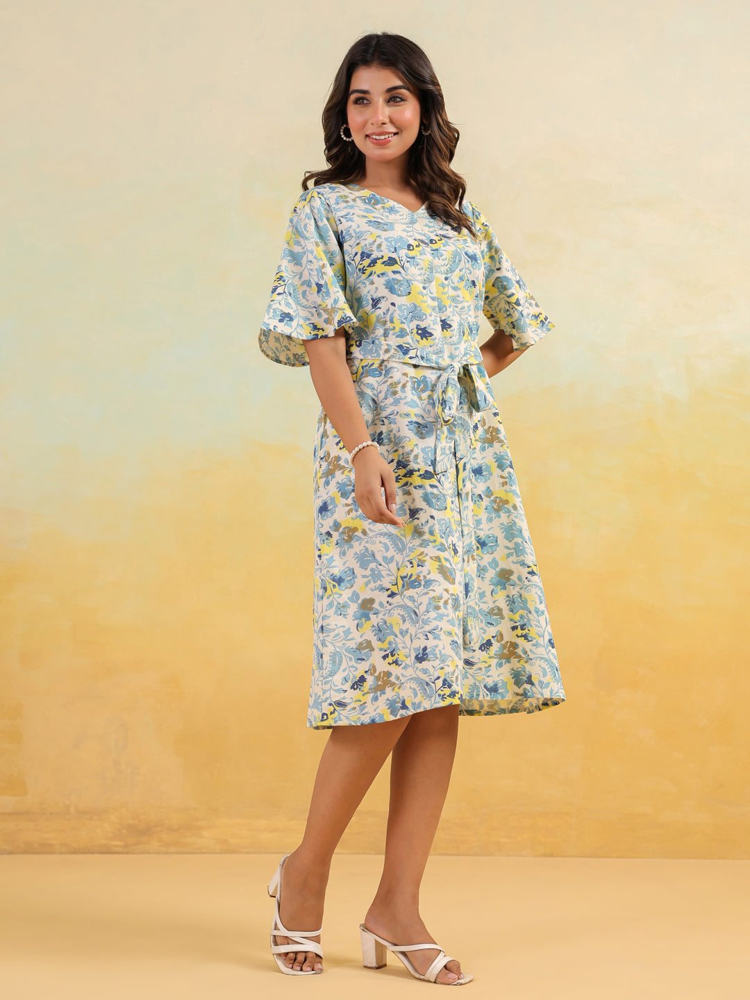 Janasya Women's Off White Linen Cotton Floral Printed A-line Dress