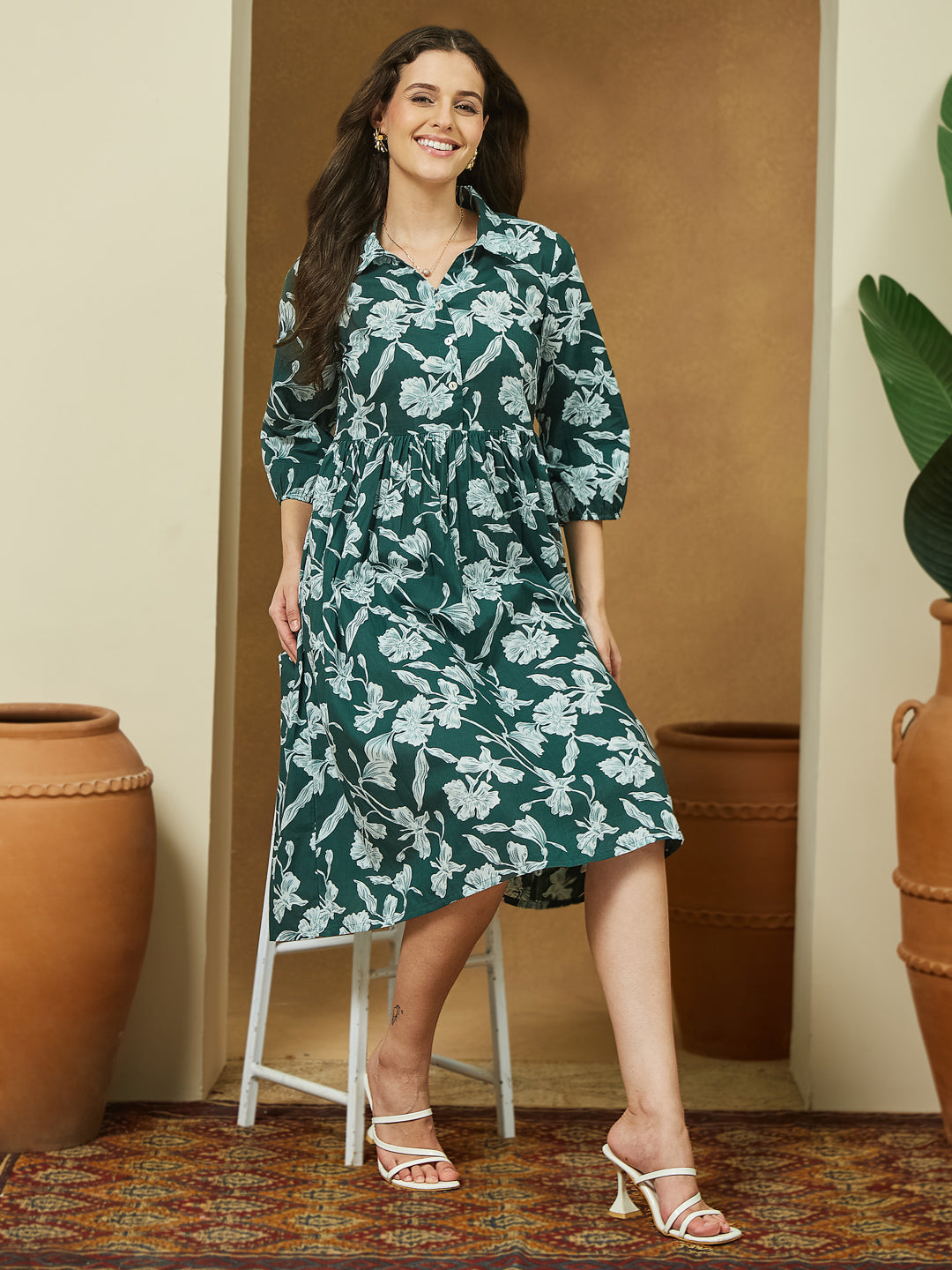 Janasya Women's Green Pure Cotton Floral Printed Fit & Flare Dress