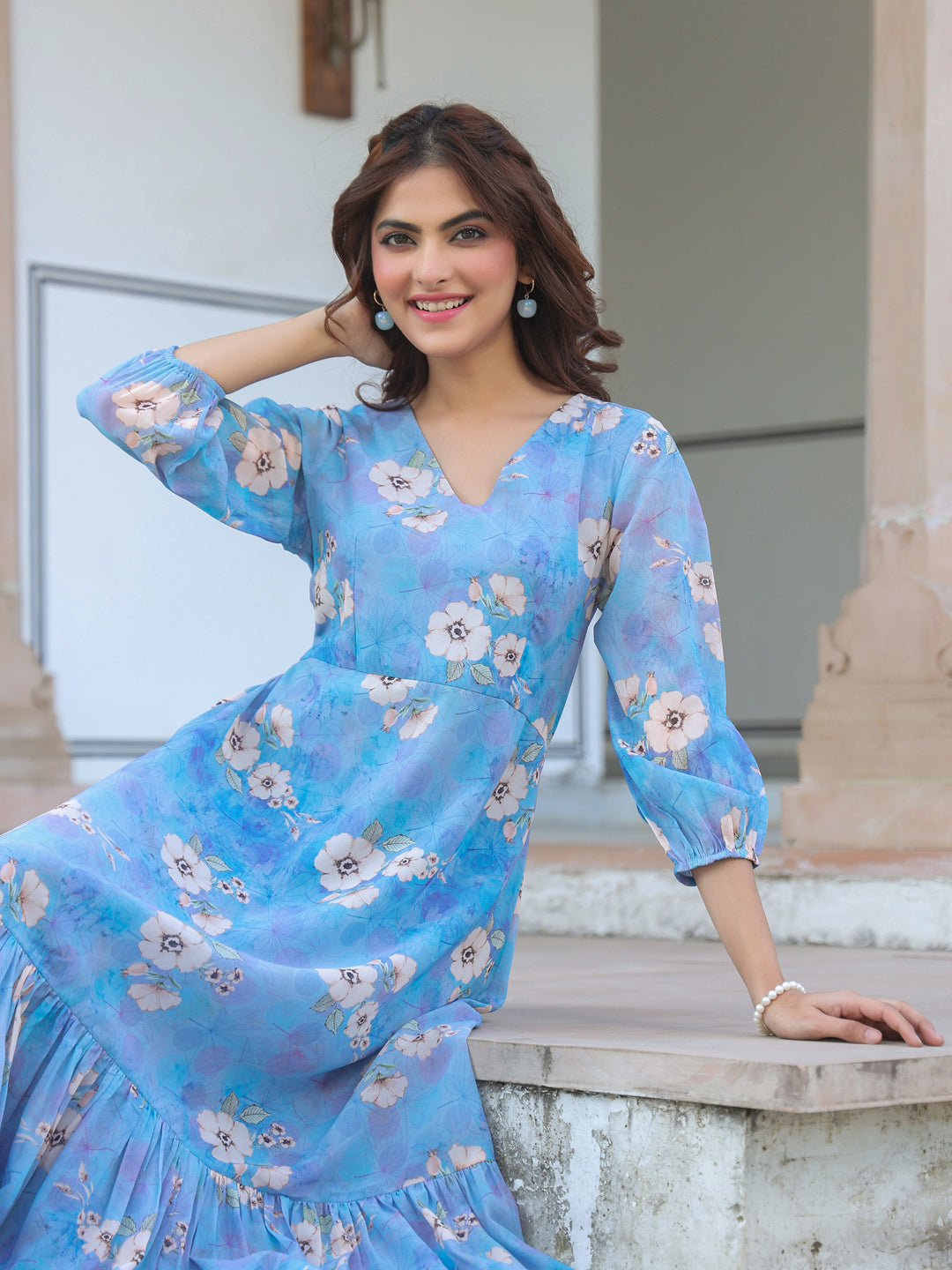Blue Georgette Floral Printed A-line Dress - qivii