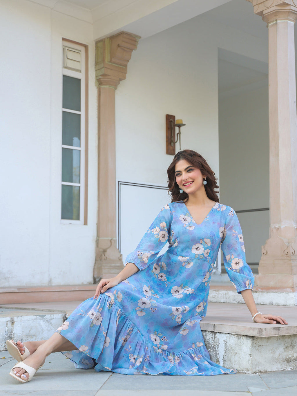 Blue Georgette Floral Printed A-line Dress