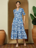 Janasya Women's Indigo Blue Linen Cotton Ikkat Printed Tiered Dress