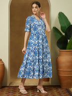 Janasya Women's Indigo Blue Linen Cotton Ikkat Printed Tiered Dress