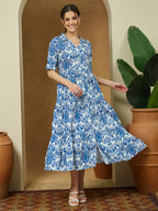 Janasya Women's Indigo Blue Linen Cotton Ikkat Printed Tiered Dress