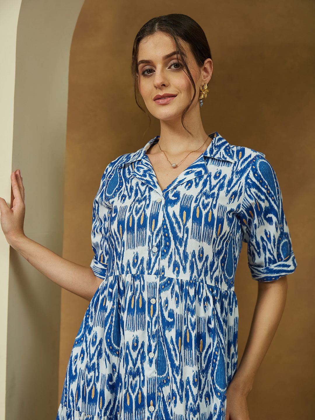 Janasya Women's Indigo Blue Linen Cotton Ikkat Printed Tiered Dress