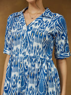 Janasya Women's Indigo Blue Linen Cotton Ikkat Printed Tiered Dress