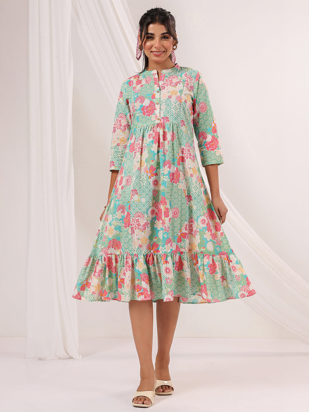 Janasya Women's Mint Green Pure Cotton Floral Printed A-line Dress