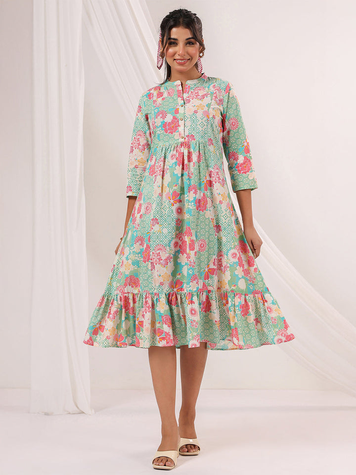 Janasya Women's Mint Green Pure Cotton Floral Printed A-line Dress - qivii