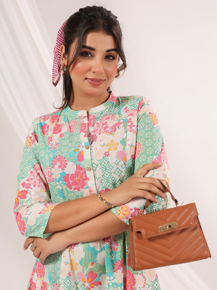 Janasya Women's Mint Green Pure Cotton Floral Printed A-line Dress - qivii