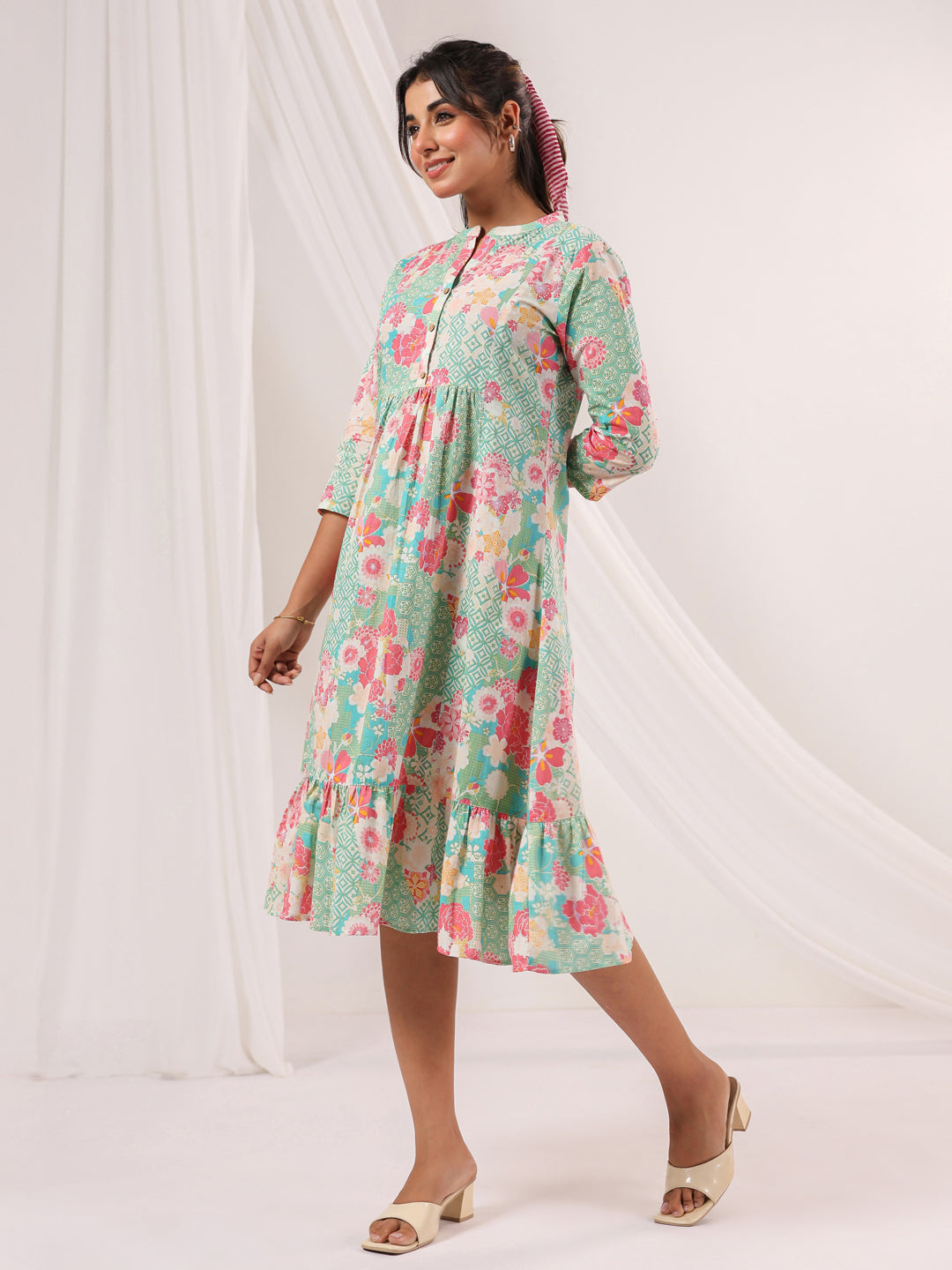 Janasya Women's Mint Green Pure Cotton Floral Printed A-line Dress