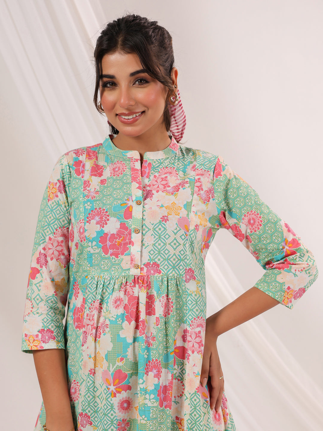Janasya Women's Mint Green Pure Cotton Floral Printed A-line Dress