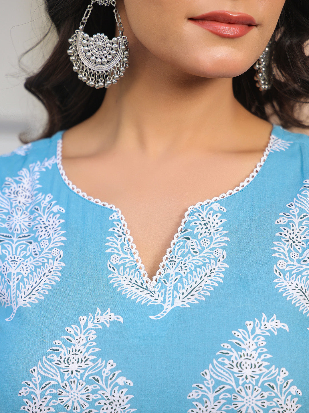 Sky Blue Pure Cotton Ethnic Motifs Printed Straight Kurta Pant Set - qivii