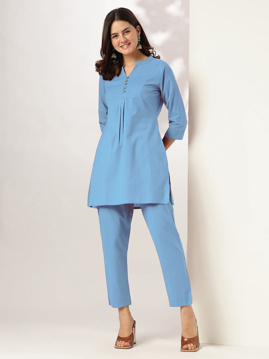 Janasya Women's Light Blue Cotton Solid A-line Co-ord Set