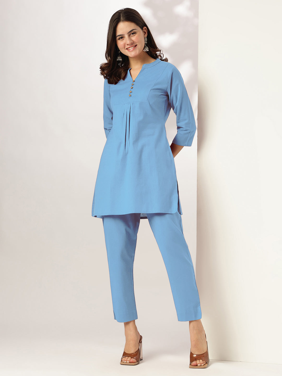 Janasya Women's Light Blue Cotton Solid A-line Co-ord Set