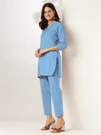 Janasya Women's Light Blue Cotton Solid A-line Co-ord Set