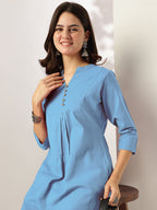 Janasya Women's Light Blue Cotton Solid A-line Co-ord Set