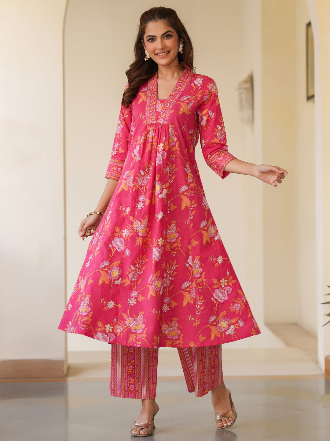 Pink Pure Cotton Floral Printed A-line Kurta Pant Set