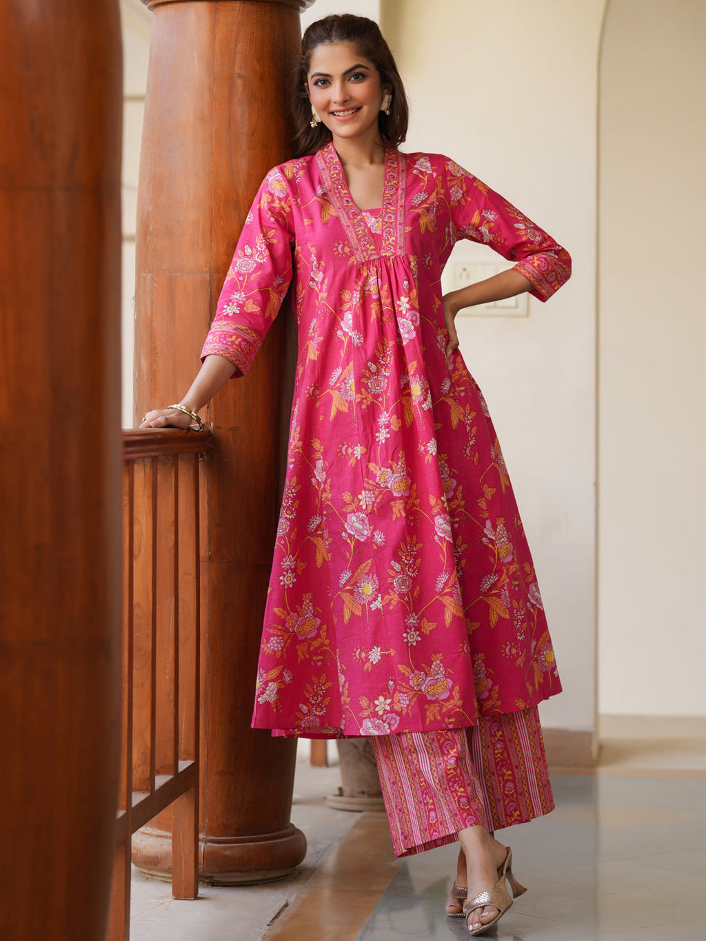 Pink Pure Cotton Floral Printed A-line Kurta Pant Set