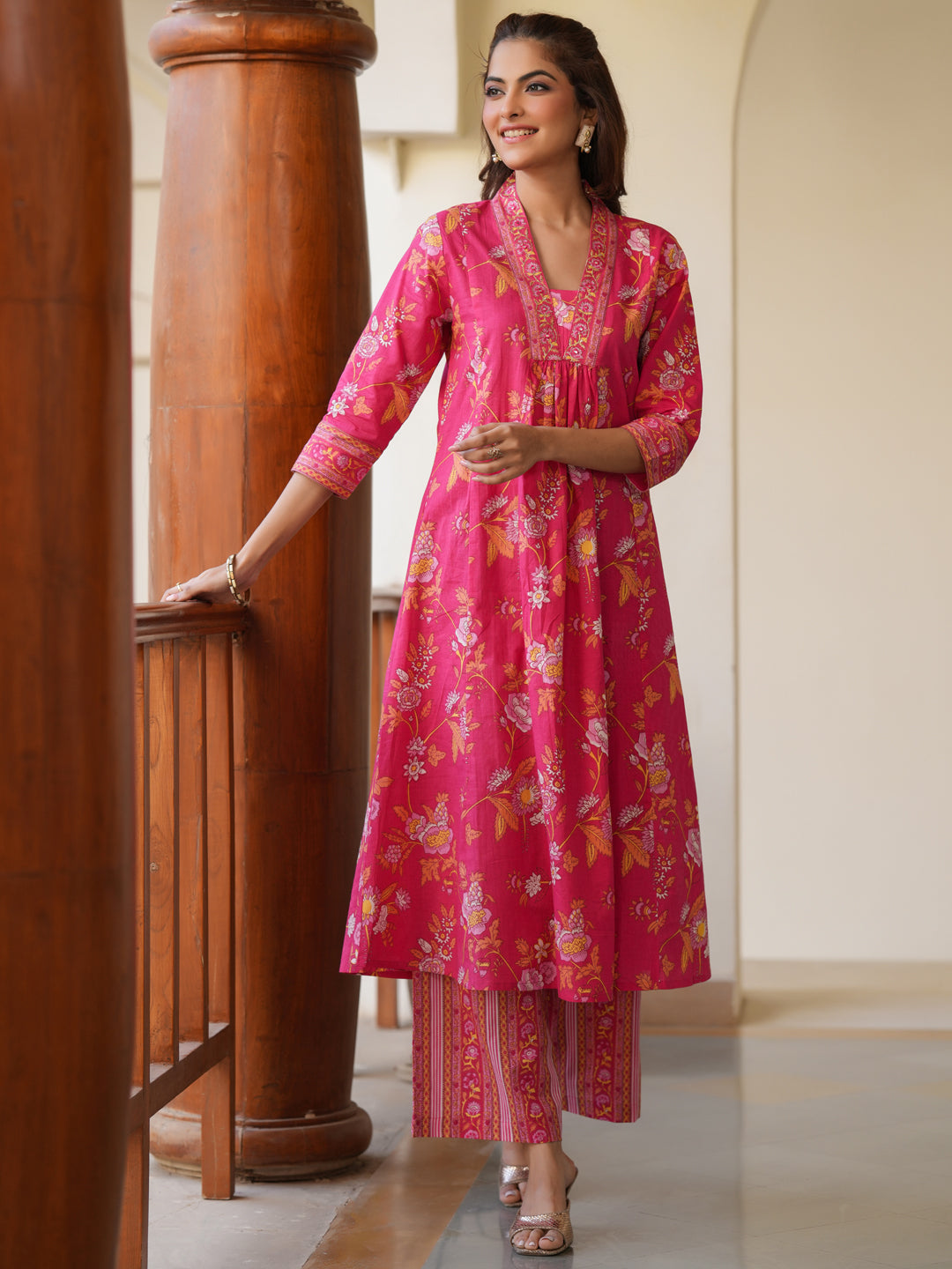 Pink Pure Cotton Floral Printed A-line Kurta Pant Set