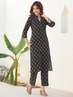 Black Pure Cotton Floral Printed Straight Kurta Pant Set