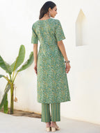 Green Pure Cotton Paisley Printed Straight Kurta Set