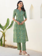 Green Pure Cotton Paisley Printed Straight Kurta Set