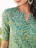 Green Pure Cotton Paisley Printed Straight Kurta Set