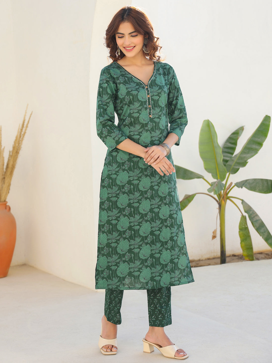 Dark Green Pure Cotton Floral Printed Straight Kurta Pant Set